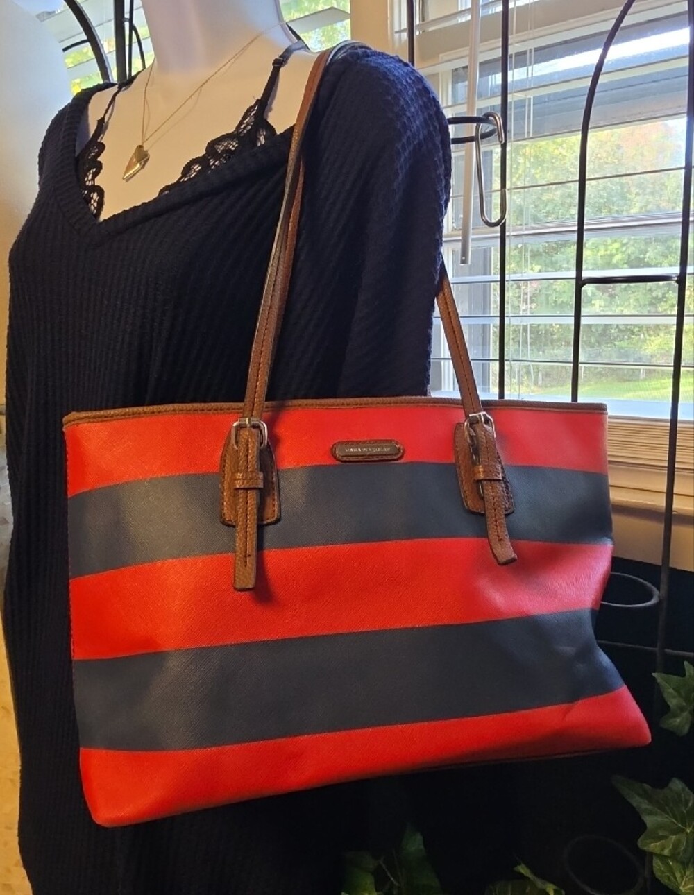 Dana Buchman Red & Navy Striped Tote with Brown Buckle Handles